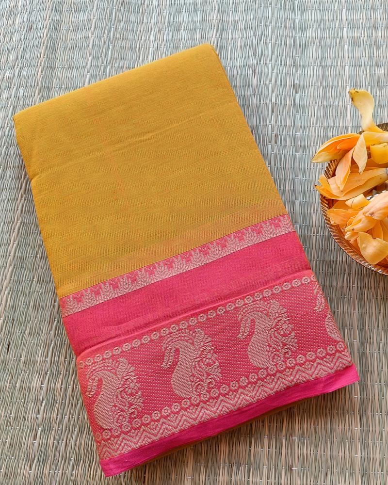 Chettinad Cotton | Yellow With Pink Border