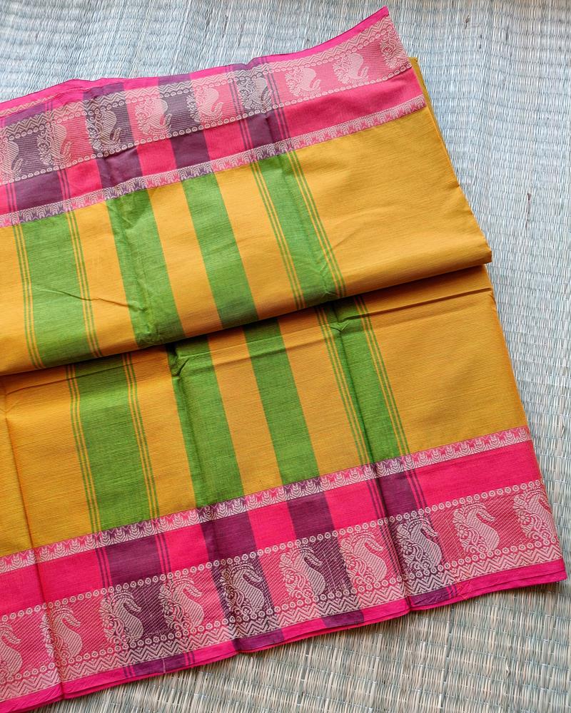 Chettinad Cotton | Yellow With Pink Border