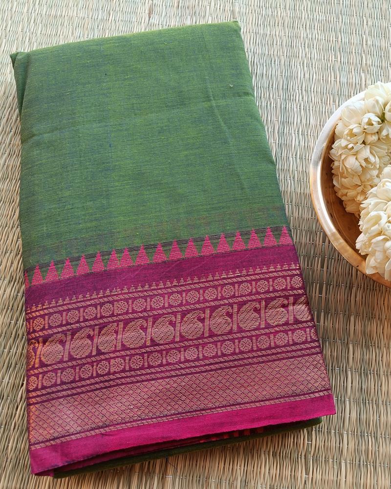 Chettinad Cotton | Green with Magentha | Double Color Threads