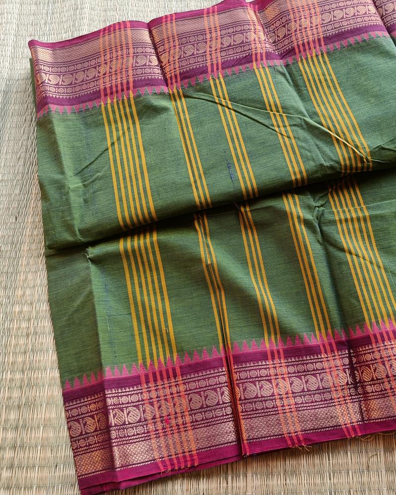 Chettinad Cotton | Green with Magentha | Double Color Threads