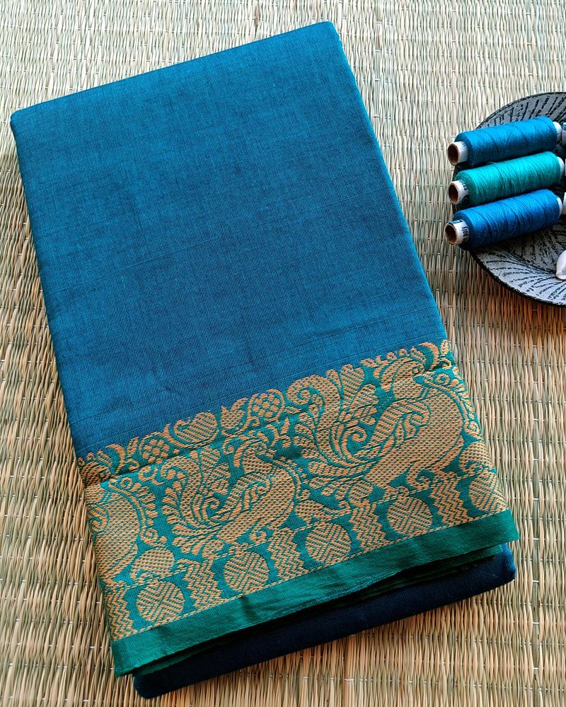 Chettinad Cotton | Shade of Peacock Blue with Green Border