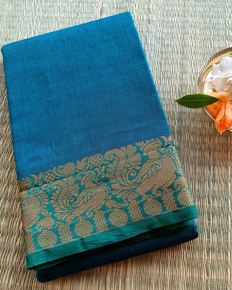 Chettinad Cotton | Shade of Peacock Blue with Green Border