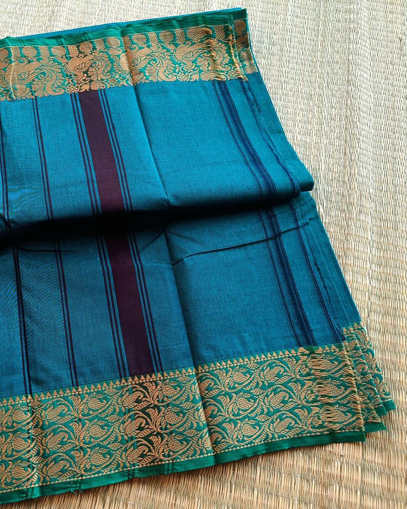 Chettinad Cotton | Shade of Peacock Blue with Green Border