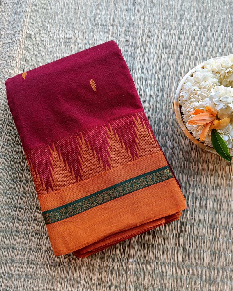 Chettinad Cotton | Classic Maroon with Mustard Border