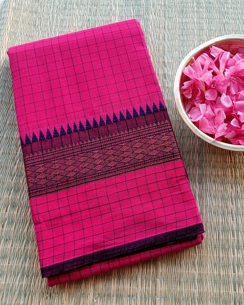 Chettinad Cotton | Rani Pink with Simple Navy Blue Border