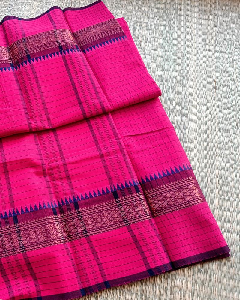 Chettinad Cotton | Rani Pink with Simple Navy Blue Border