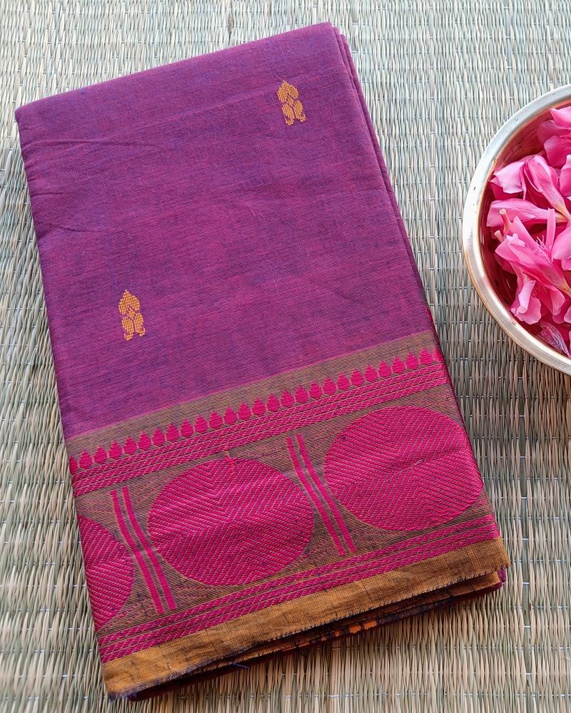 Chettinad Cotton | Shade of Pink with Magentha and Mustard detailing in Border | Double Colour Threads