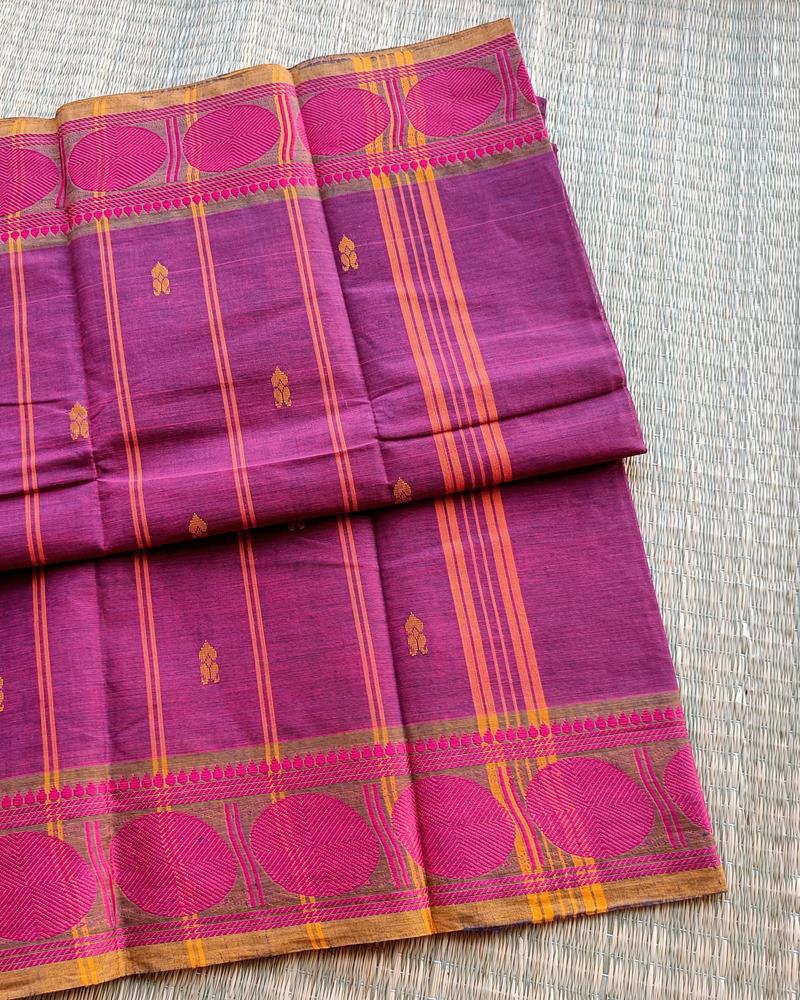 Chettinad Cotton | Shade of Pink with Magentha and Mustard detailing in Border | Double Colour Threads