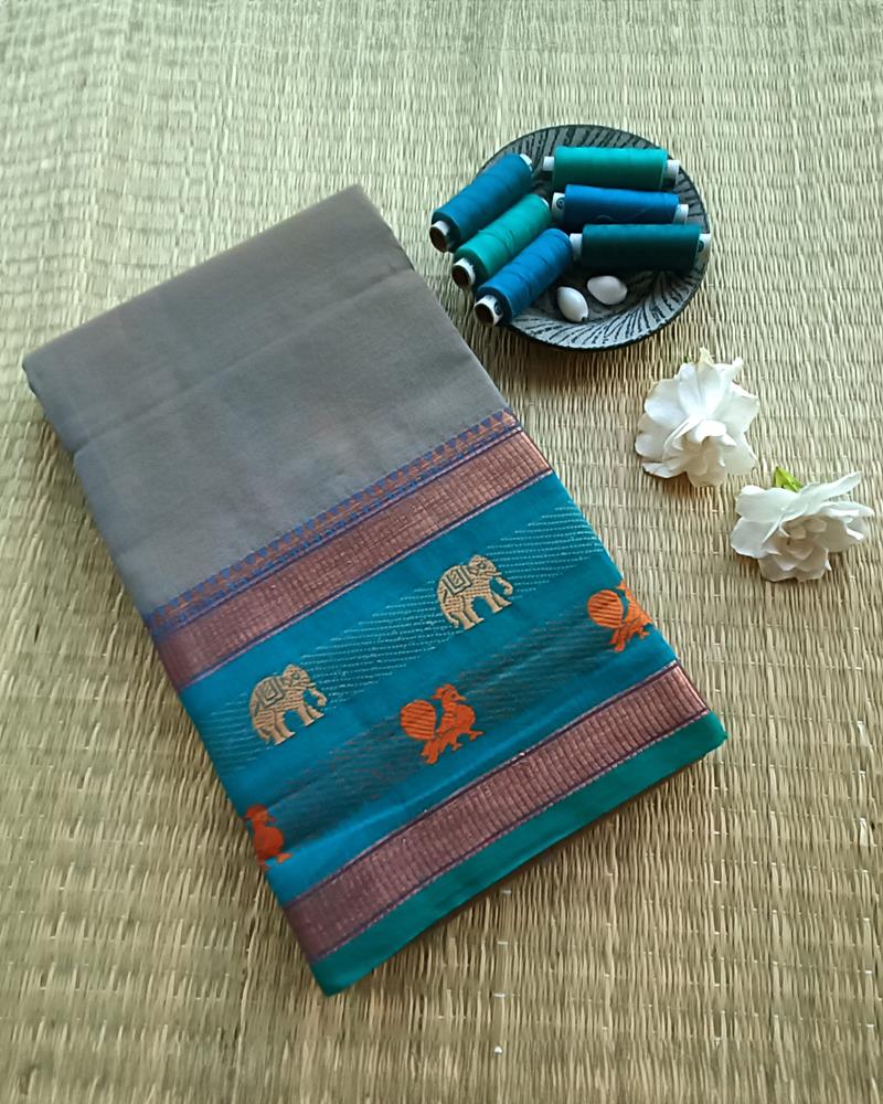 Chettinad Cotton |Shade of Ash with Teel Green Border with attractive Elephant Buttas