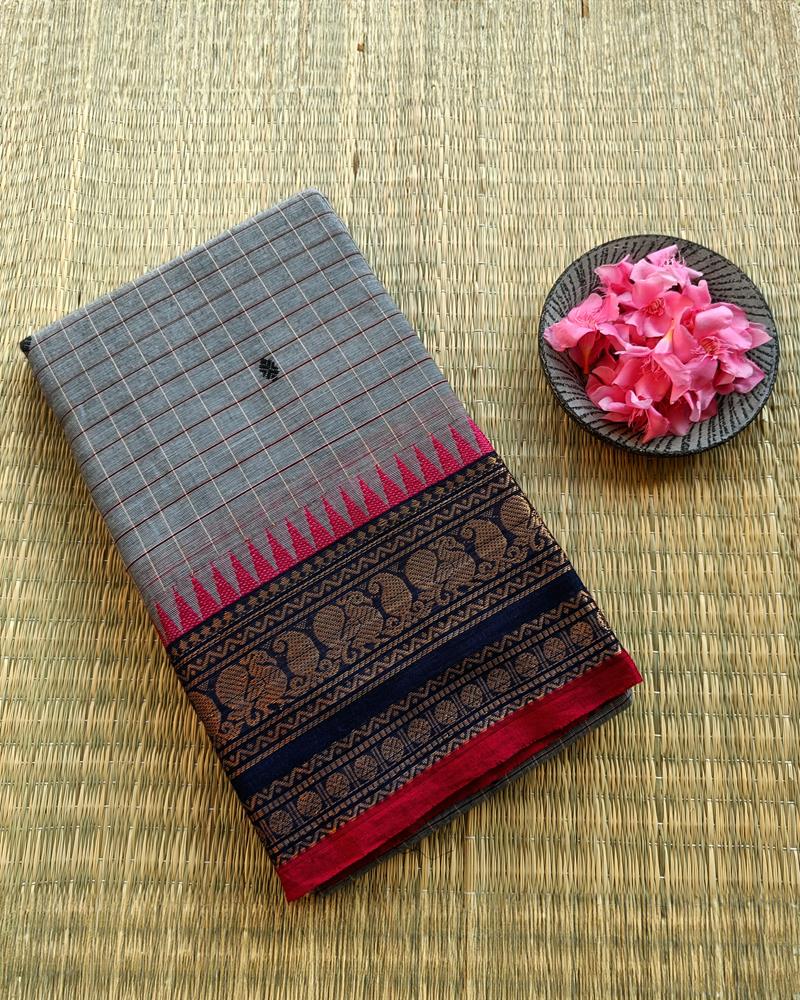 Chettinad Cotton | Grey with Navy Blue and Magentha Border