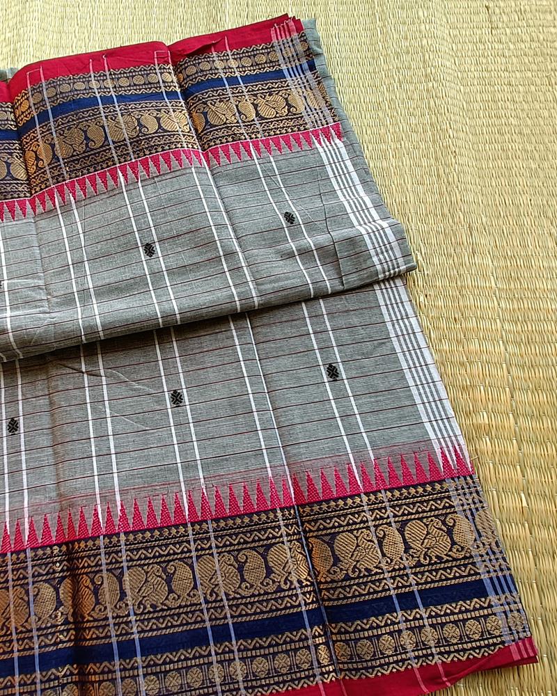 Chettinad Cotton | Grey with Navy Blue and Magentha Border