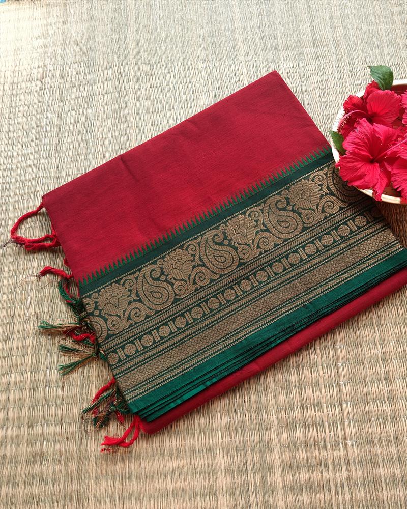 Chettinad Cotton | Hibiscus Red with Dark Green Border