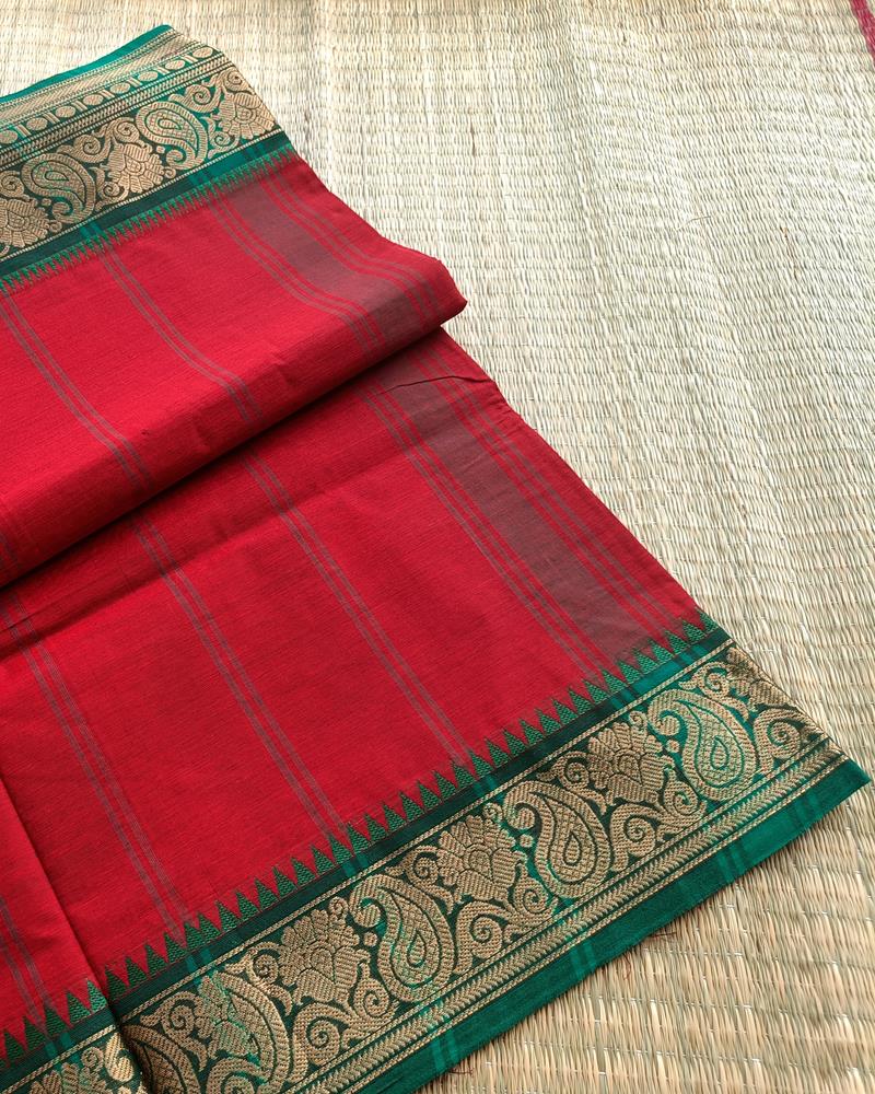 Chettinad Cotton | Hibiscus Red with Dark Green Border