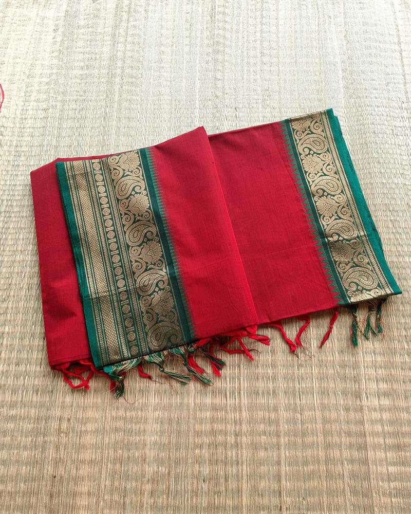 Chettinad Cotton | Hibiscus Red with Dark Green Border