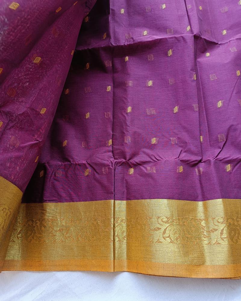 Bengal Cotton Sarees | Shade of Wine Colour with Mustard and Golden Grand Border