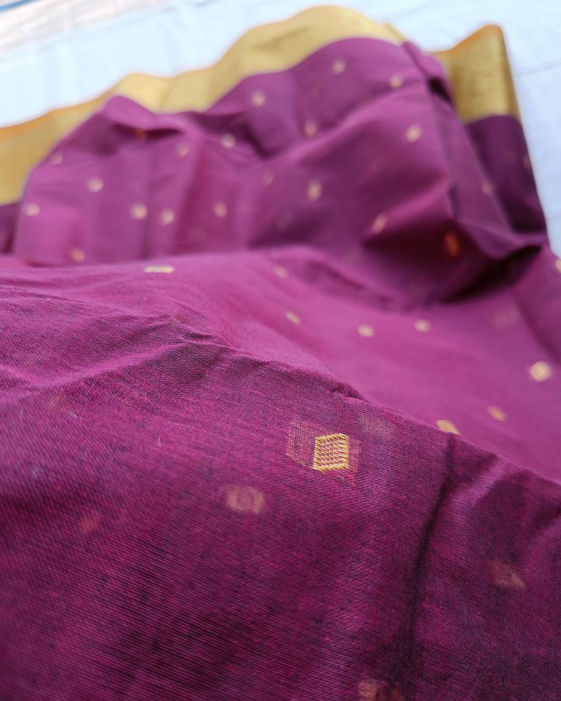 Bengal Cotton Sarees | Shade of Wine Colour with Mustard and Golden Grand Border