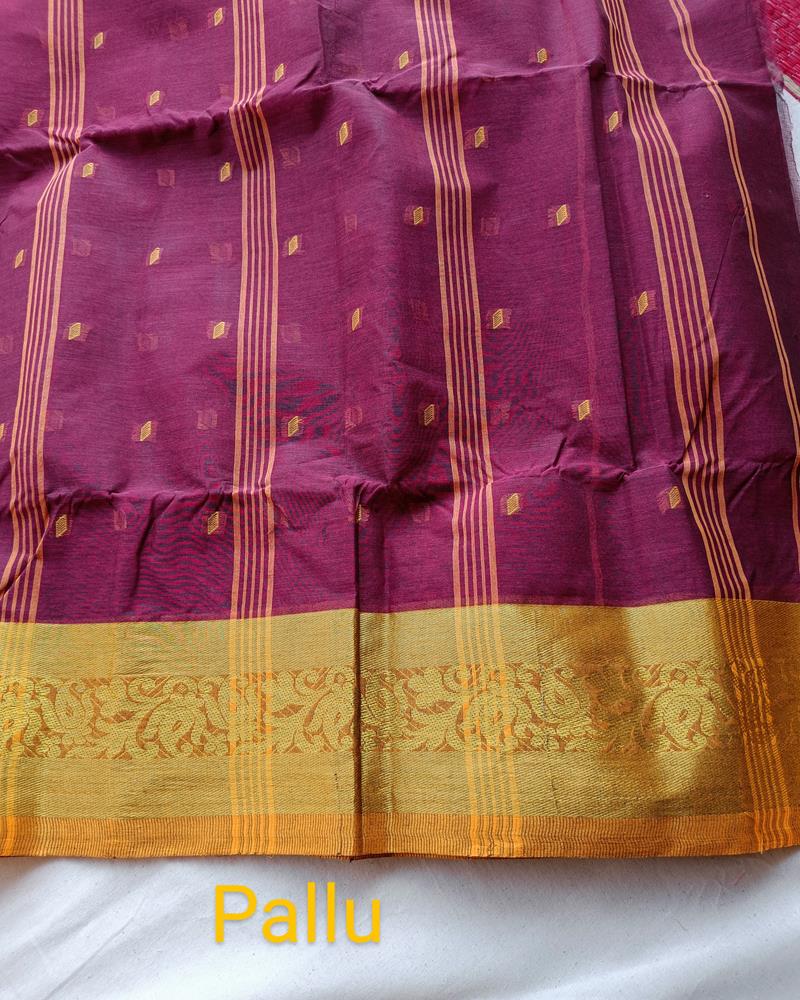 Bengal Cotton Sarees | Shade of Wine Colour with Mustard and Golden Grand Border