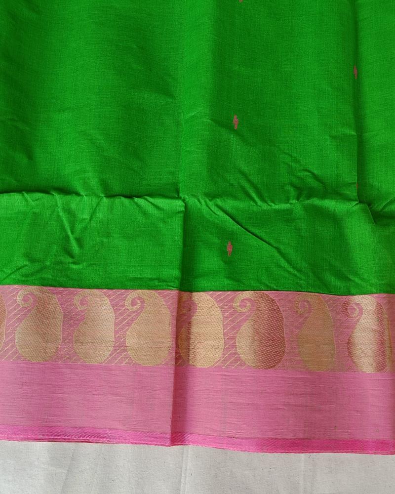 Bengal Cotton Sarees | Parrot Green with Pink Border