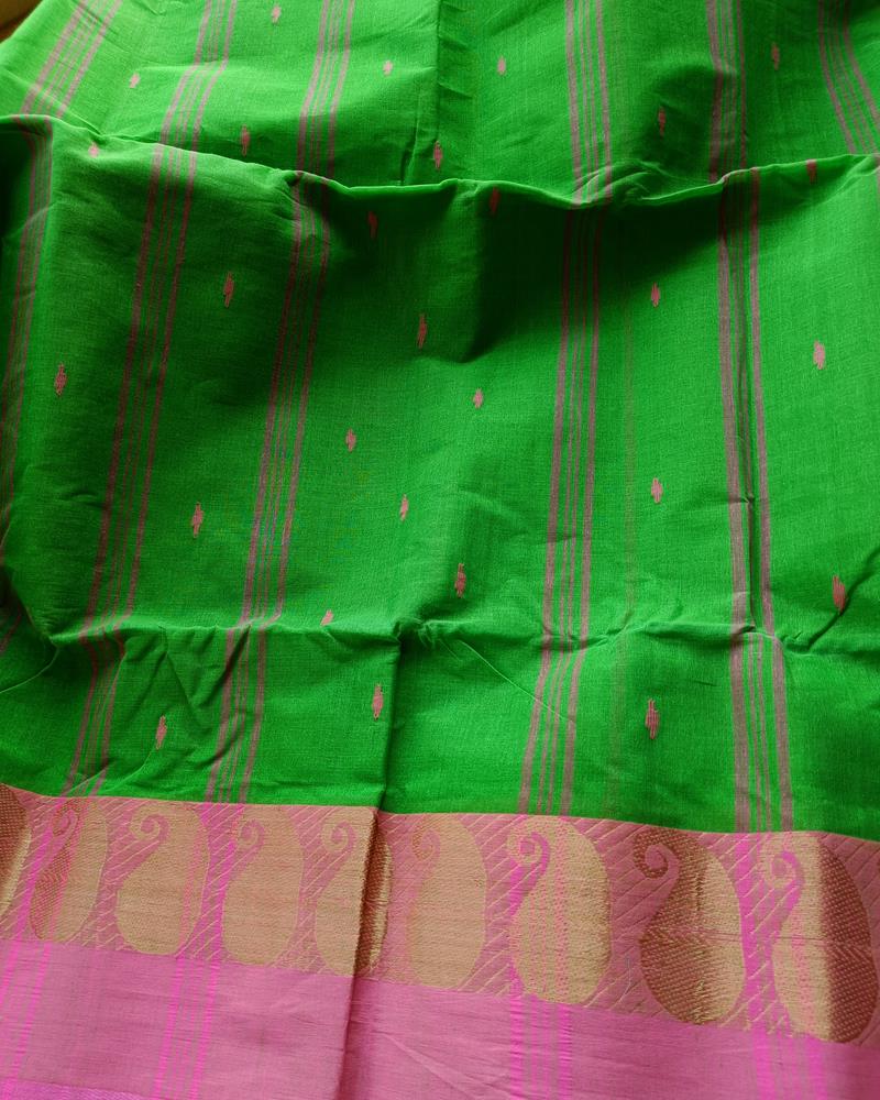 Bengal Cotton Sarees | Parrot Green with Pink Border