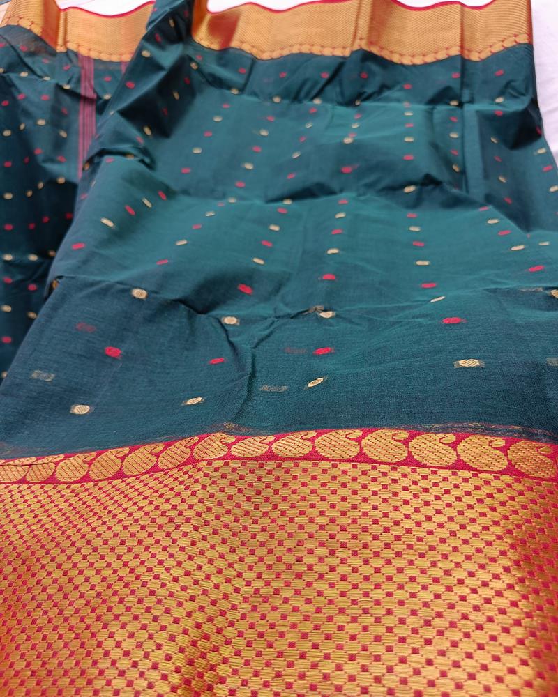 Bengal Cotton Sarees | Olive Green with Red and Golden Border