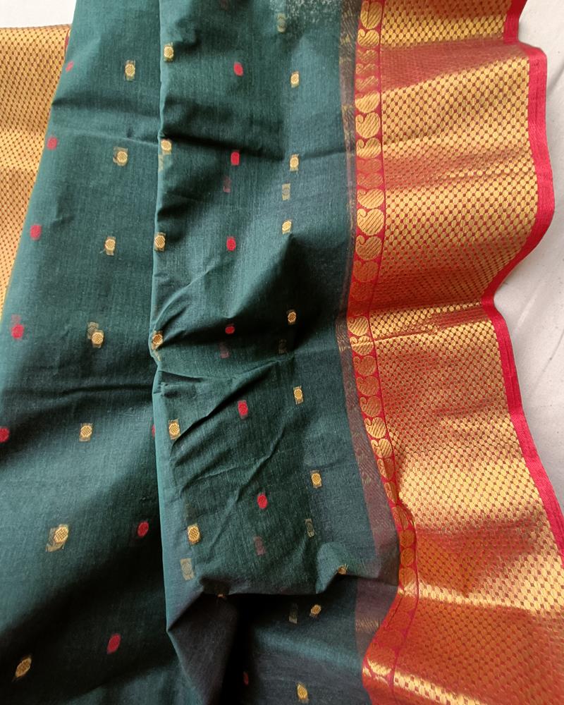 Bengal Cotton Sarees | Olive Green with Red and Golden Border