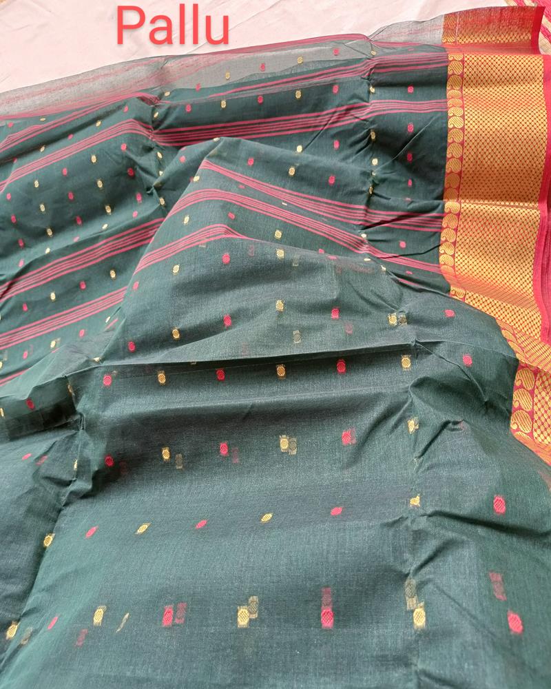 Bengal Cotton Sarees | Olive Green with Red and Golden Border