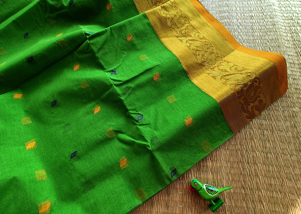 Bengal Cotton Sarees | Parrot Green with Mustard Border