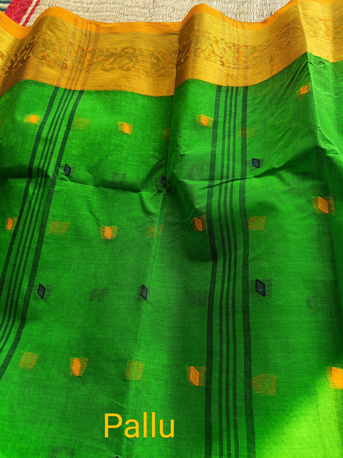 Bengal Cotton Sarees | Parrot Green with Mustard Border